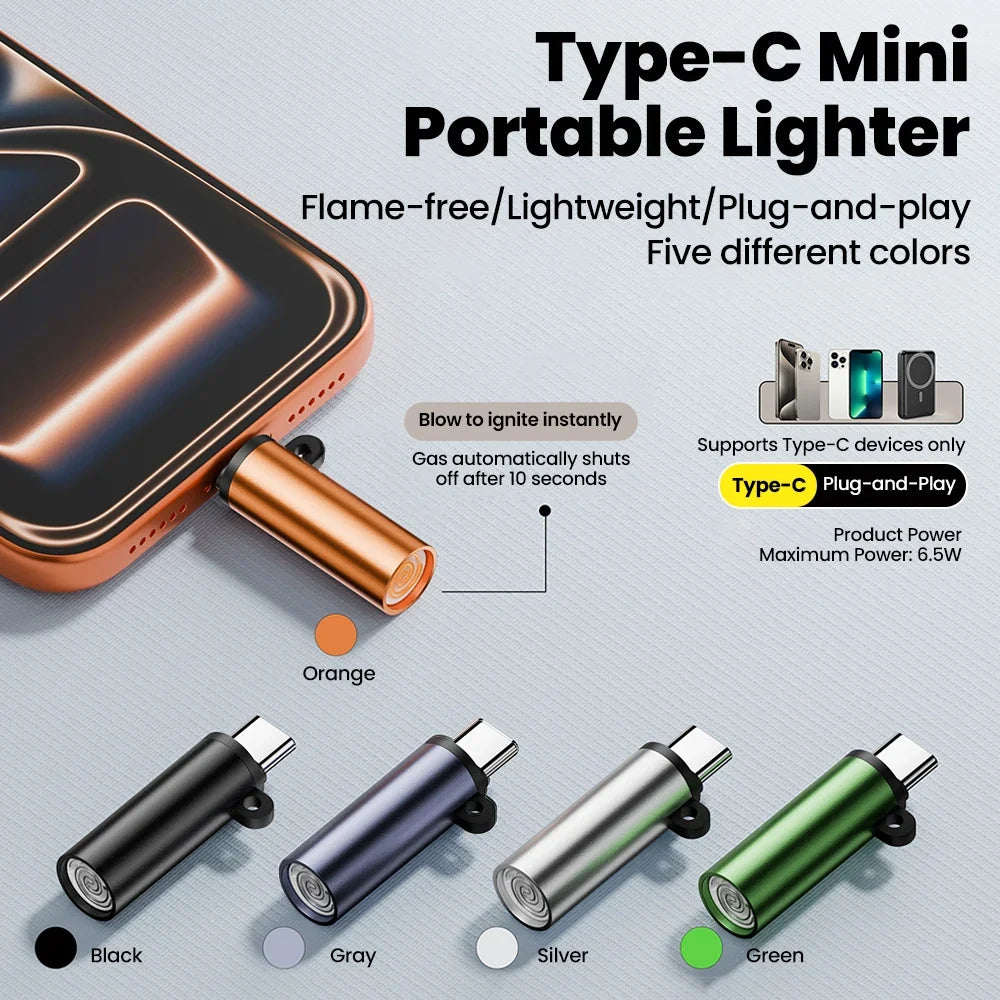 Type C Mini Cigarette Lighter - USB-C Blow-to-Ignite Auto Shut-Off Outdoor Safety Adapter for iPhone 17