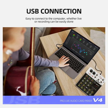 V4 4-Channel Audio Interface Mixer — USB & Bluetooth with 48V Phantom Power, Effects & Recording
