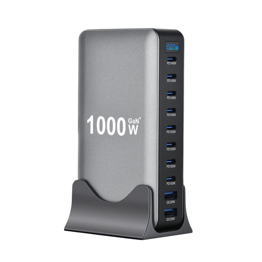 1000W 10-Port GaN Desktop Charger – 140W PD Fast Charging for MacBook Pro, 100W for Phone & Tablet, Multi-Port USB Hub Station