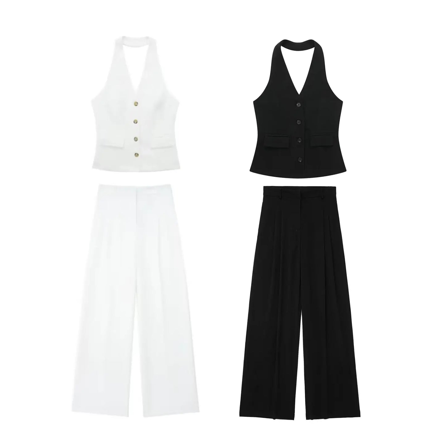 TRAFZA Women’s 2-Piece Set — Sleeveless Halter Vest Top with High-Waist Wide Leg Pants & Zipper Pockets
