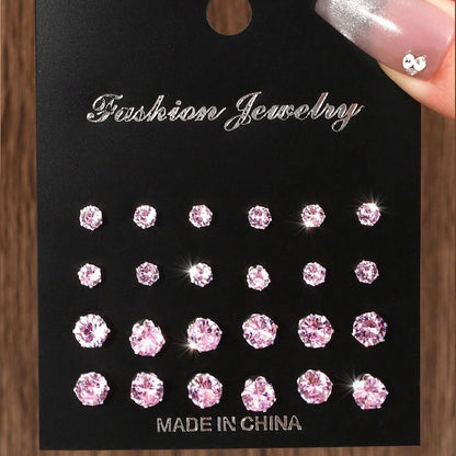 12 Pairs Luxurious Zirconia Earrings Set – Shiny Elegant Simple Stud Jewelry Gift for Parties, Couples & Daily Wear