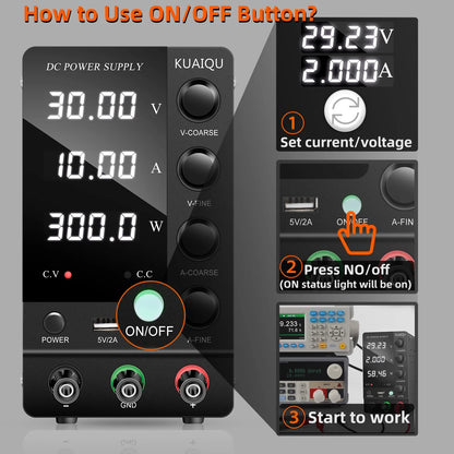 KUAIQU Adjustable DC Power Supply – Lab Bench 30V 10A, 60V 5A, 120V 3A with Preset Current & USB Interface