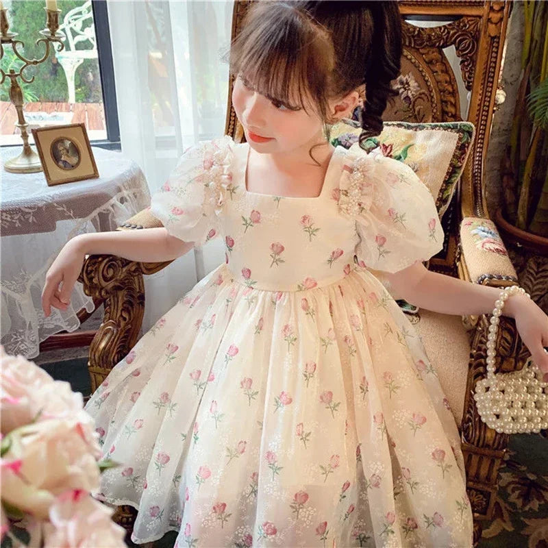 Girls Floral Rose Princess Dress - Lace Tiered Bow Back Pearl Accent Party Dress