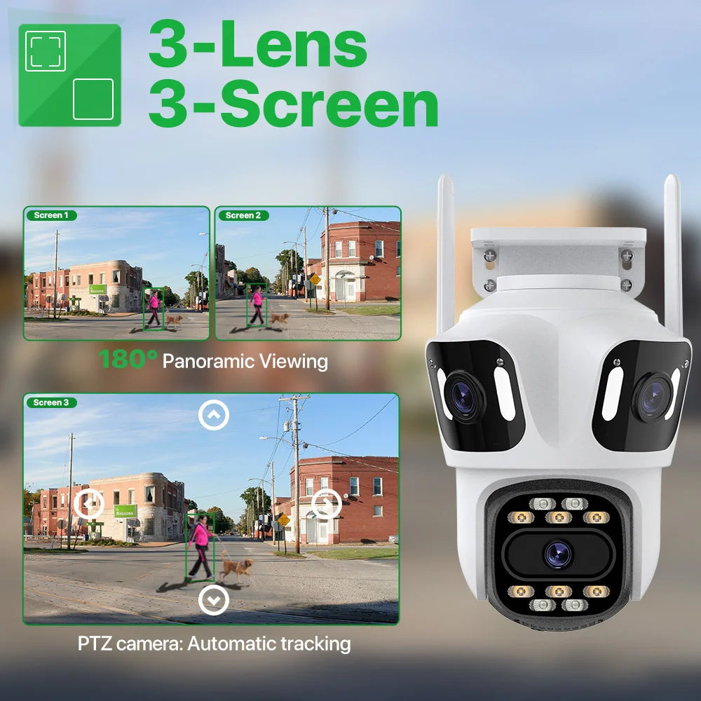 WiFi 6K HD External IP Camera, 4K Outdoor Dual Lens, Auto Tracking, PTZ Security Surveillance Camera with iCsee