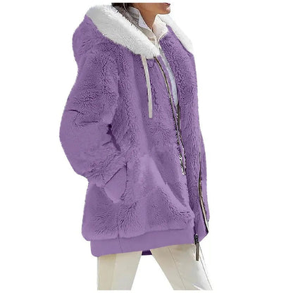 Autumn Winter Women's Hooded Coat – Casual Zipper Cashmere Fleece Jacket Solid Color Ladies Outerwear