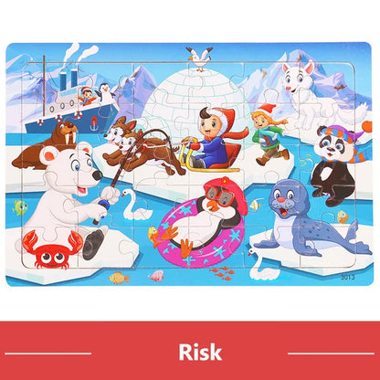 30PCS Montessori Wooden 3D Cartoon Animal Puzzle – Educational Jigsaw Board Game for Kids