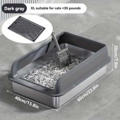 KEMORELA Extra Large Stainless Steel Cat Litter Box with Lid – Enclosed, High-Sided, Leak-Proof Litter Pan with Cat Litter Mat