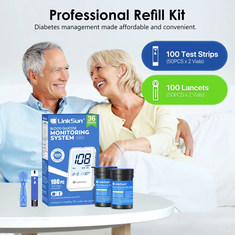Linksun G-425-2 Blood Glucose Meter — 50/100PCS Test Strips, Digital Diabetes Testing Device, Blood Sugar Monitor
