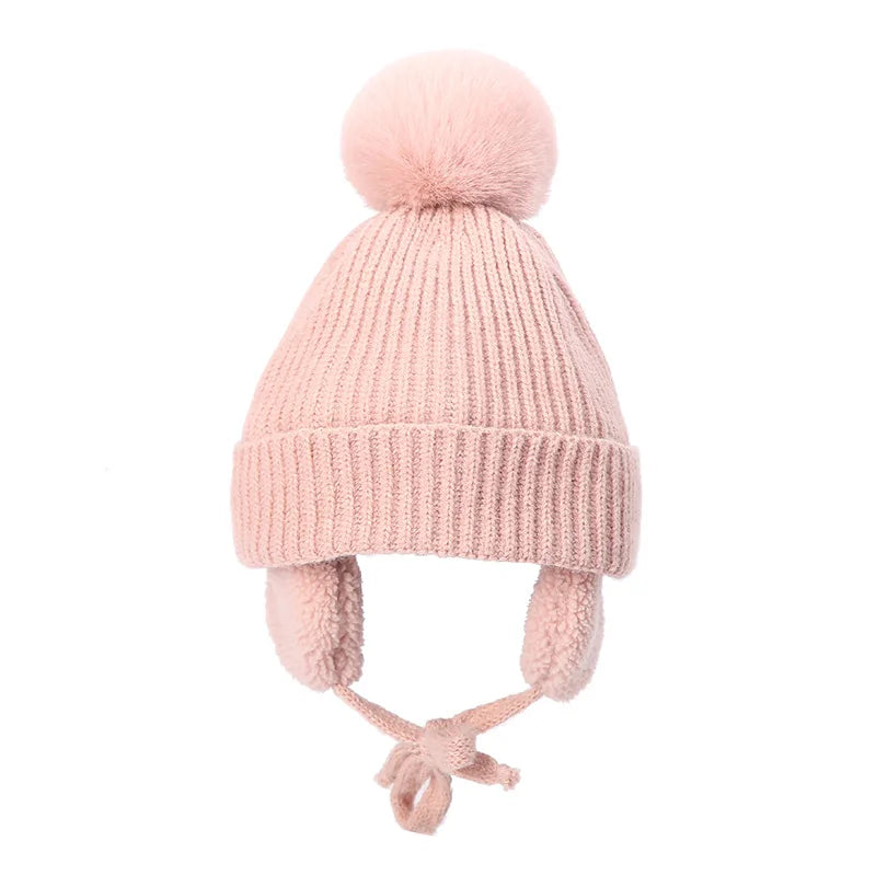 Winter Baby Beanie Hat with Pompom & Earflaps – Thick Wool Plush Knitted Cap for Girls & Boys, Ages 2-8T