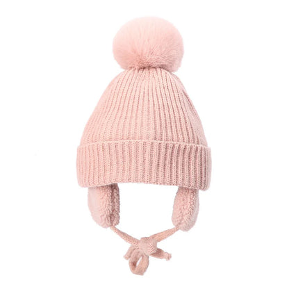 Winter Baby Beanie Hat with Pompom & Earflaps – Thick Wool Plush Knitted Cap for Girls & Boys, Ages 2-8T