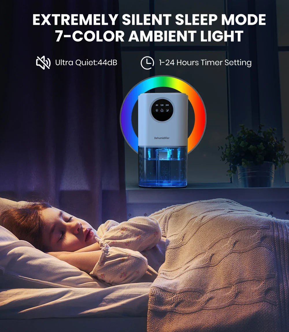 Portable Dehumidifier – 35oz Capacity, Silent Operation, Colorful Lights & Timer Switch for Home & Bedroom