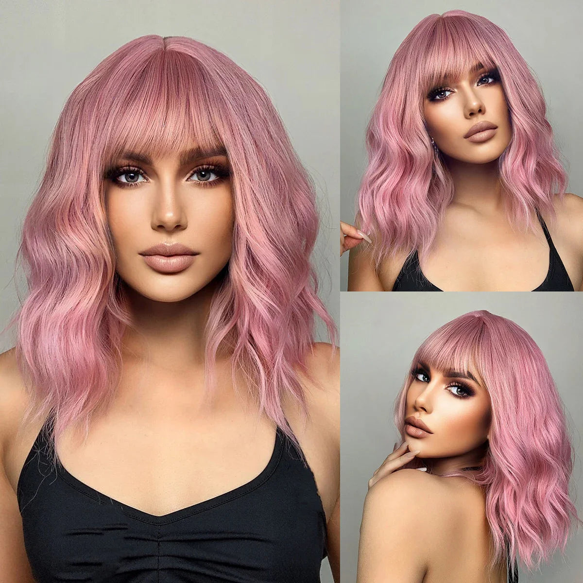 CharmSource Pink BOBO Short Synthetic Wig for Women — Natural Wave, High-Density, Heat-Resistant Hair for Daily & Party