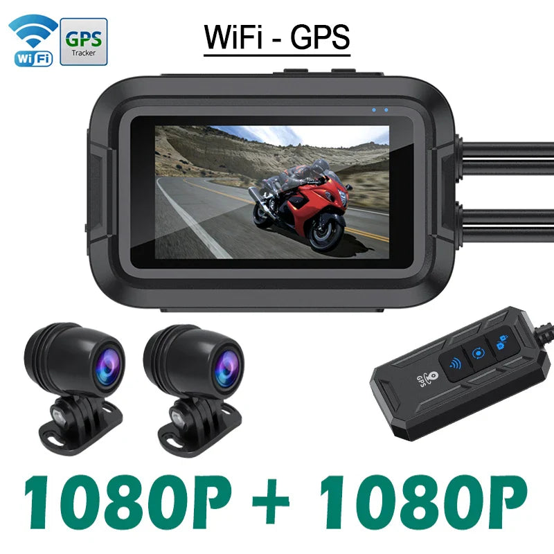 Dual 1080P Motorcycle DVR - Full Body Waterproof Camera with WiFi, GPS, Front and Rear Dash Cam Video Recorder Black Box