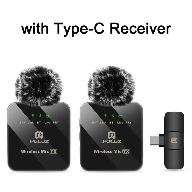PULUZ Wireless Lavalier Microphone – Dual Mics with 8-Pin & Type-C Receiver for iPhone, iPad, & Android