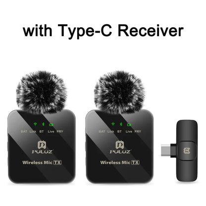 PULUZ Wireless Lavalier Microphone – Dual Mics with 8-Pin & Type-C Receiver for iPhone, iPad, & Android
