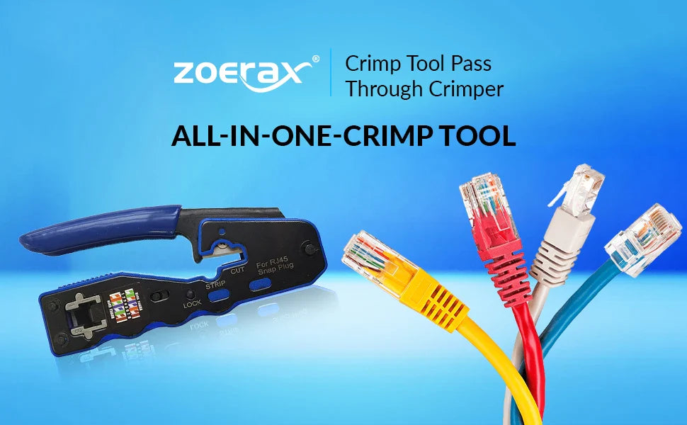 ZoeRax Pass-Through RJ45 Crimping Tool — All-in-One Crimper & Cutter for Cat6a/Cat6/Cat5 8P8C Ethernet