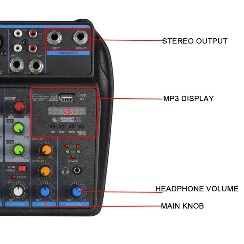 4-Channel DJ Mixer Console – Bluetooth Audio Mixer with 48V Phantom Power, USB & Karaoke Monitor System