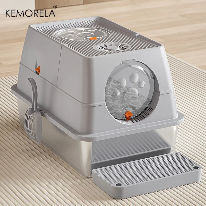 KEMORELA XL Stainless Steel Cat Litter Box – Extra Large Enclosed Litter Box with High Sides & Removable Scoop for Big Cats