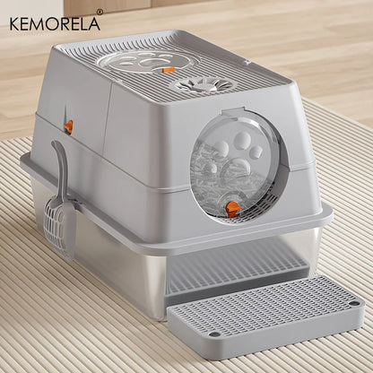 KEMORELA XL Stainless Steel Cat Litter Box – Extra Large Enclosed Litter Box with High Sides & Removable Scoop for Big Cats