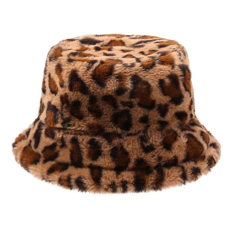 Women’s Winter Leopard Print Fisherman Hat – Versatile Plush Bucket Hat, Warm Pot-Style Headwear