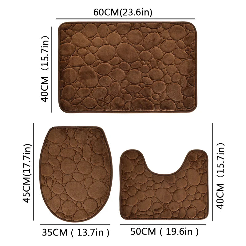 Solid Color Simple Bathroom Mat Set - Water-Absorbing, Non-Slip Stone Pattern, Comfortable & Soft (3PC)