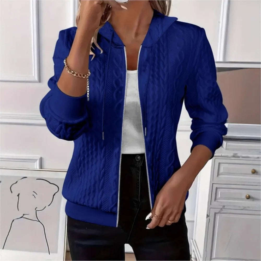 Women’s Solid Color Knitted Zip-Up Hooded Sweatshirt Jacket – Long Sleeve Slim Fit Casual Autumn Winter Warm Coat Hoodie