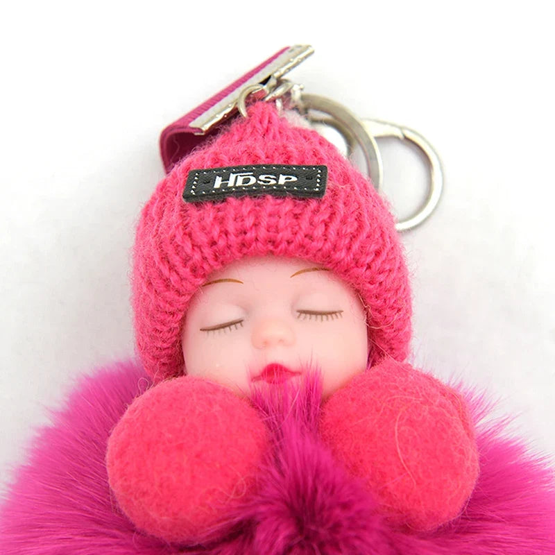 Pompom Sleeping Baby Keychain - Fluffy Plush Doll Keyring for Bags, Cars & Gift Decoration