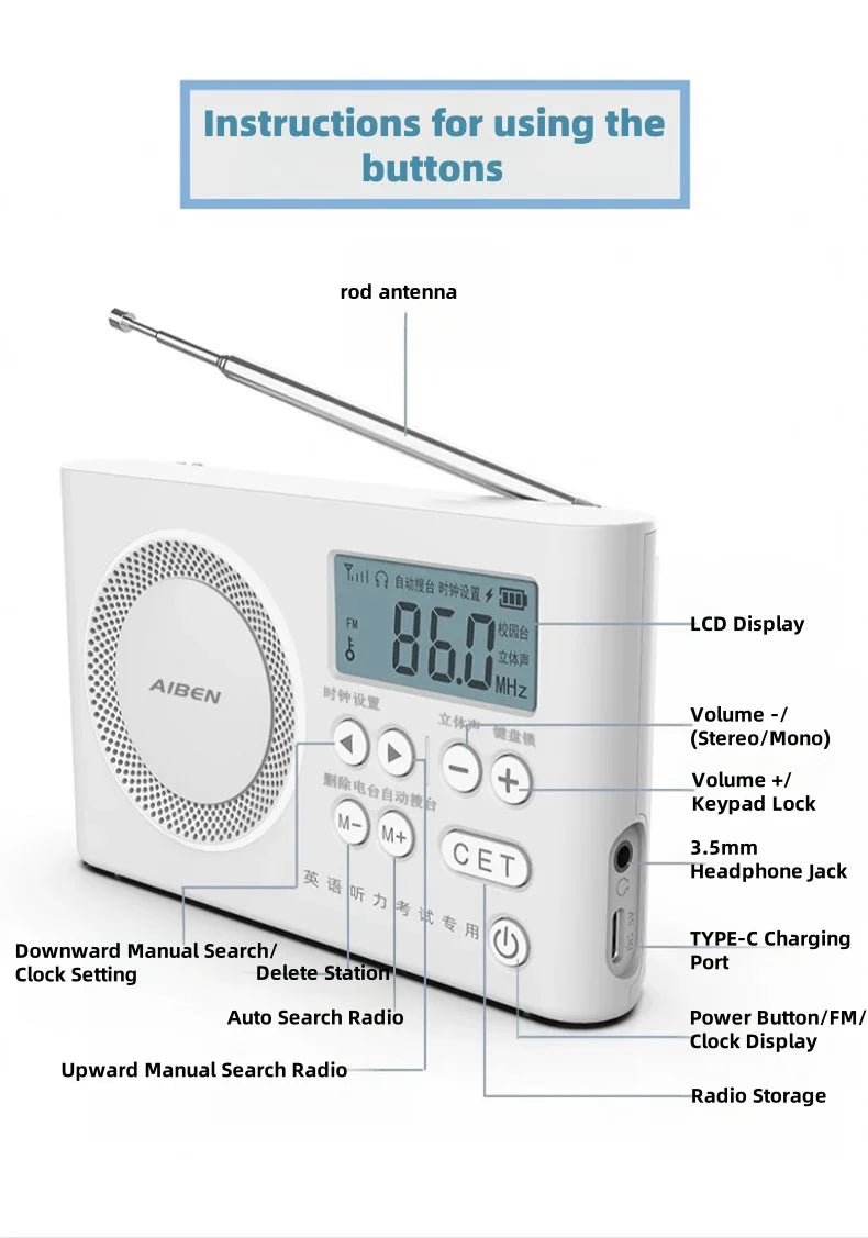 AIBEN C5S Mini Portable Radio — Handheld Rechargeable Digital FM Radio with USB Charging Port & Built-In Speaker