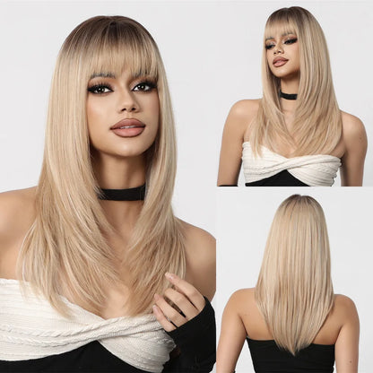 ALAN EATON Blonde Layered Synthetic Wig with Bangs – Long Straight Heat-Resistant Wig for Women & Girls, Natural Daily Hair