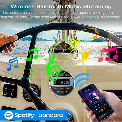Boat Radio Media Player – Waterproof Marine Stereo MP3 Bluetooth Audio, FM/AM Receiver for Harvesters, ATV, UTV, SPA, RZR