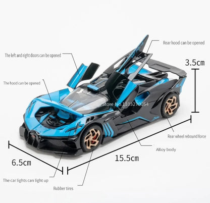 1/32 Bugatti Bolide Alloy Sports Car Model — Diecast Metal Vehicle with Sound & Light, Pull-Back Toy for Boys