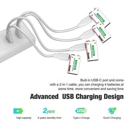 9V Lithium-Ion Rechargeable Battery 21800mWh – High-Capacity Power for Guitar, Microphone, Smoke Detector & Pedals with Cable