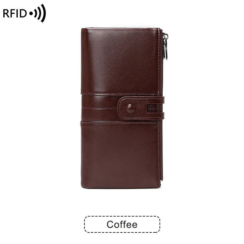 RFID Blocking Large Capacity Wallet – Soft Leather Solid Color Clutch, Multi-Functional Zipper Purse for Women & Men
