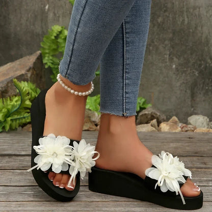Women’s Flower Wedge Slippers - Thick Sole Pull-On Summer Beach Shoes