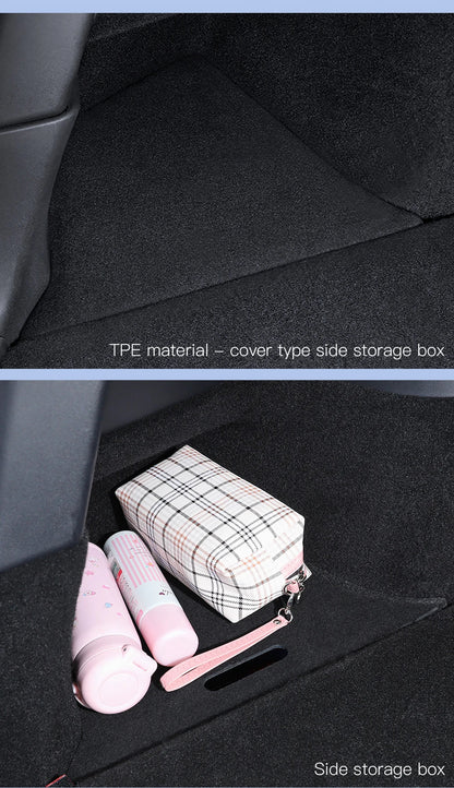 YZ Car Trunk Side Storage Box – Left & Right Organizer for Tesla Model Y Juniper 2021-2025 with Flocking Mat Cover