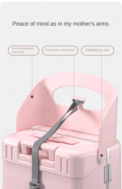 2025 Kids Suitcase with Seat & Charging Port – Baby Boarding Trolley Luggage with Safety Belts & Side Opening, 20/22/24 inch