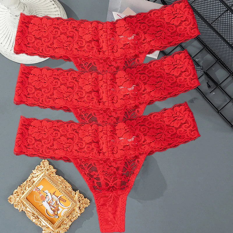 3PCS Lace Floral Women’s Panties - Low Waist Breathable Briefs & Thong, Sexy G-String Transparent Underwear (M-2XL)
