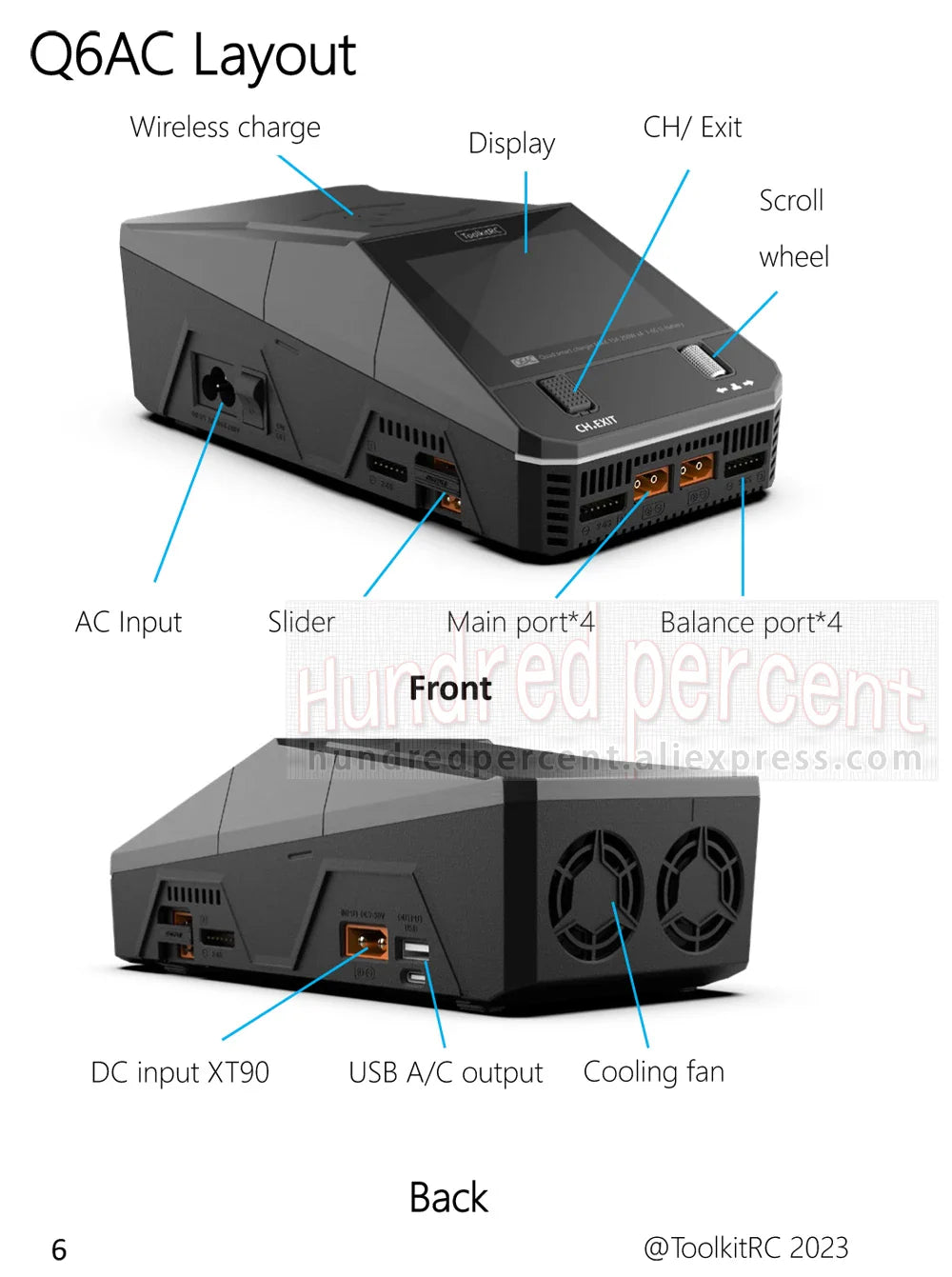 ToolkitRC Q6AC Charger — AC 400W/DC 1000W 4CH with USB A/Type-C, LiPo 1-6S, NiMH 1-16S, PB 1-10S, IPS Display