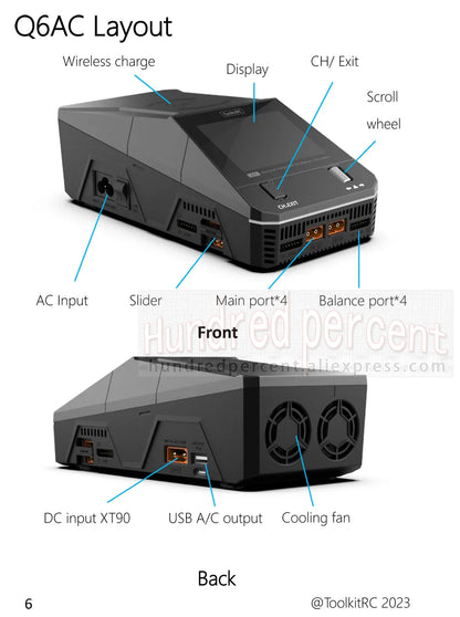 ToolkitRC Q6AC Charger — AC 400W/DC 1000W 4CH with USB A/Type-C, LiPo 1-6S, NiMH 1-16S, PB 1-10S, IPS Display
