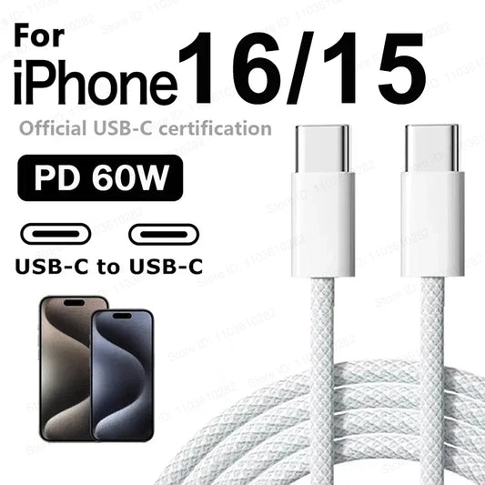 Original 60W PD USB-C to USB-C Fast Charger Cable – Quick Charging for iPhone 16 Pro Max, 15 Plus, Xiaomi, Samsung