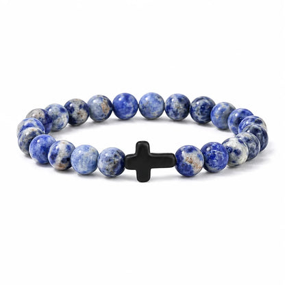 Natural Stone & Wood Bead Rosary Bracelet - Hematite Cross Meditation & Yoga Jewelry for Men & Women