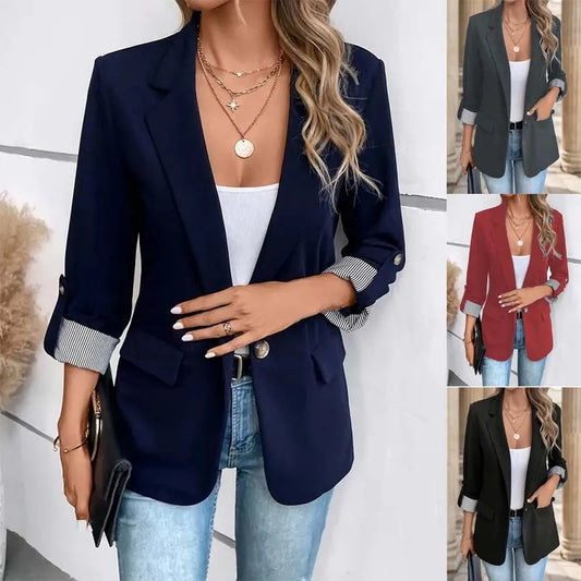 2025 Stylish Women's Casual Button-Up Suit Jacket – Slim Fit, Seven-Quarter Rolled Sleeves