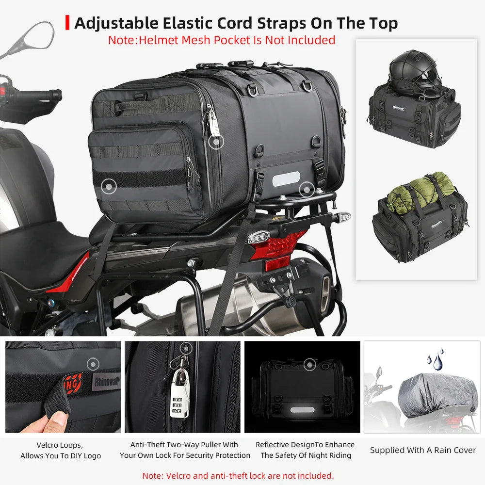 Rhinowalk Waterproof Motorcycle Travel Luggage Bag – 19L–80L Expandable Rear Tail/Trunk Rack Bag for Most Motorcycles