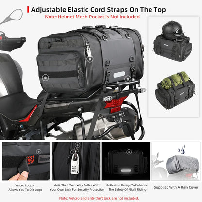 Rhinowalk Waterproof Motorcycle Travel Luggage Bag – 19L–80L Expandable Rear Tail/Trunk Rack Bag for Most Motorcycles