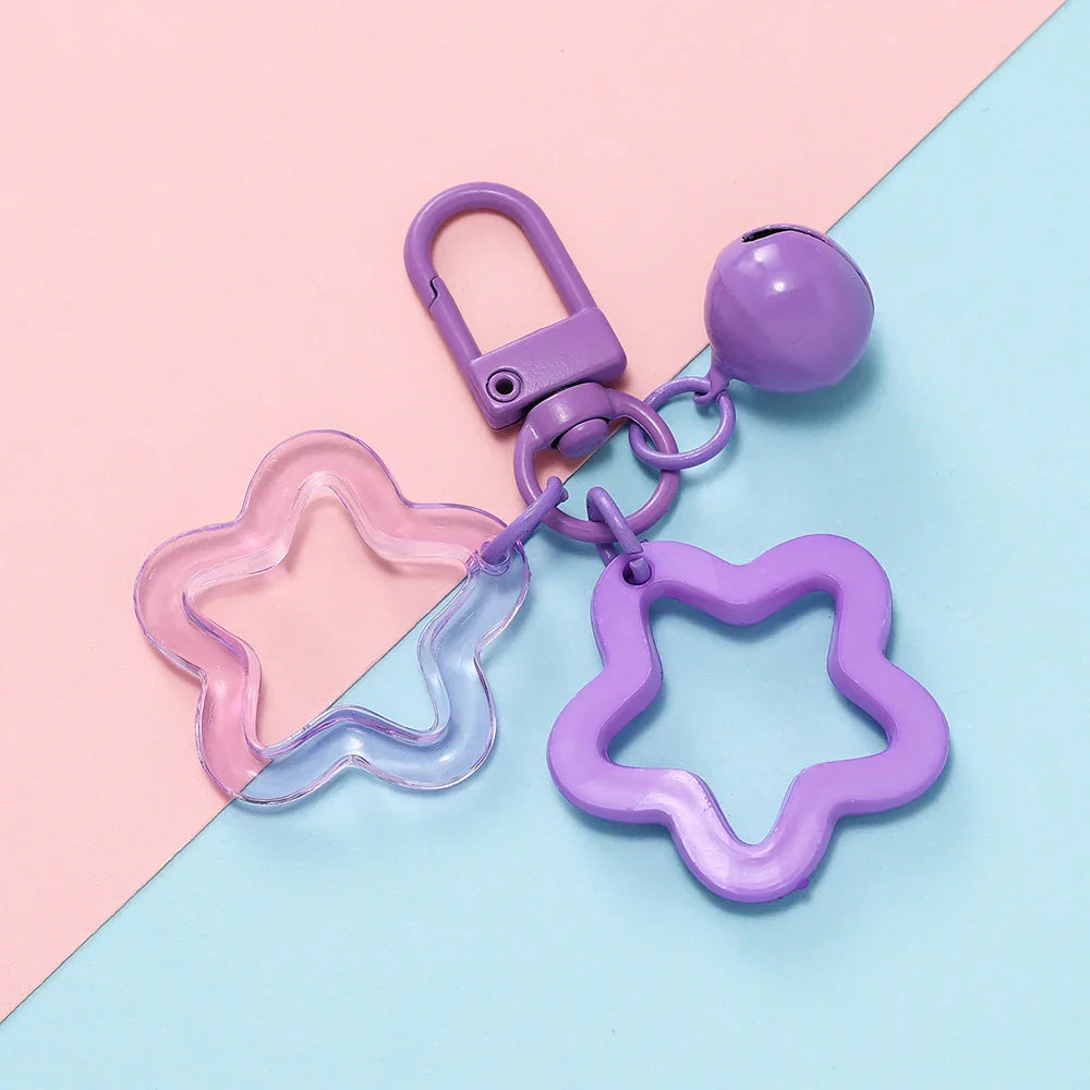 Hollow Star Charm Pendant Keychain – Colorful Acrylic Beads with Bell Bag Lanyard Keyring Jewelry Making Accessories