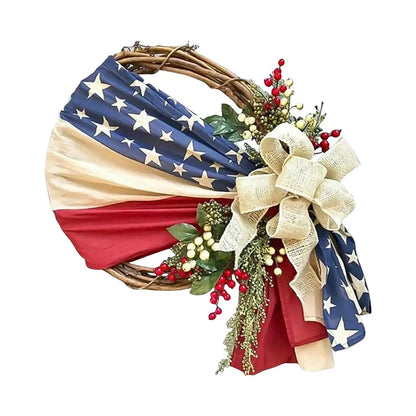 Patriotic American Flag Wreath for Front Door – Independence Day Hanging Decoration for Indoor & Outdoor Window Use, Artificial Red White Blue Wreath