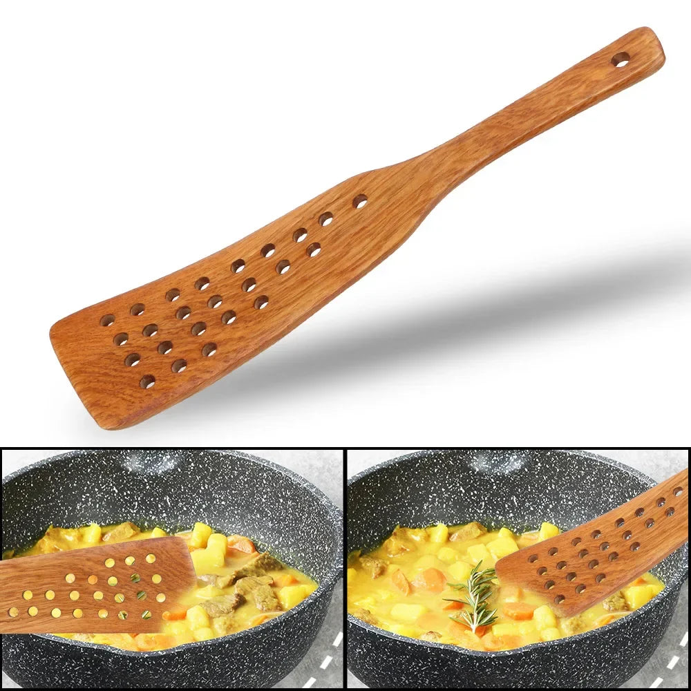 Frying Steak Shovel — Non-Stick Pan Wooden Spatula with 24 Holes, Kitchen Cooking Tool and Accessories
