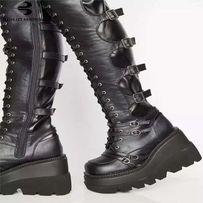 Casual High Sock Boots for Women – Slope-Sided Belt Leather Buckle, Knee-Length Stockings for Winter Season
