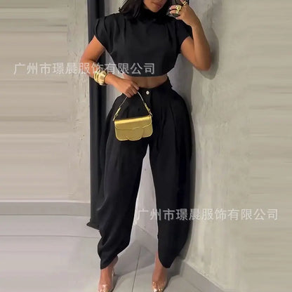 Women’s Summer Two-Piece Set – High Waist Trousers & Elegant Black Top for Casual Fashion