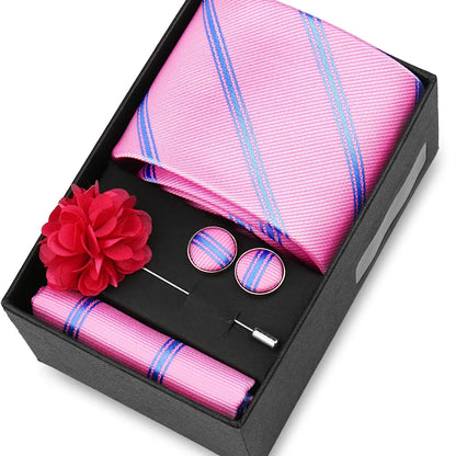 Elegant Men’s Necktie Gift Set - Fashion Tie with Handkerchief, Cufflinks & Brooch Pin Accessories for Business & Wedding